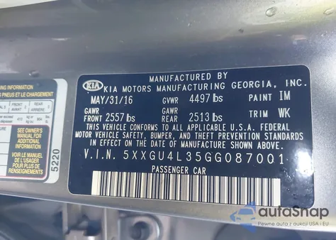 2016 Kia Optima Ex z USA, uszkodzony, nr VIN 5XXGU4L35GG087001